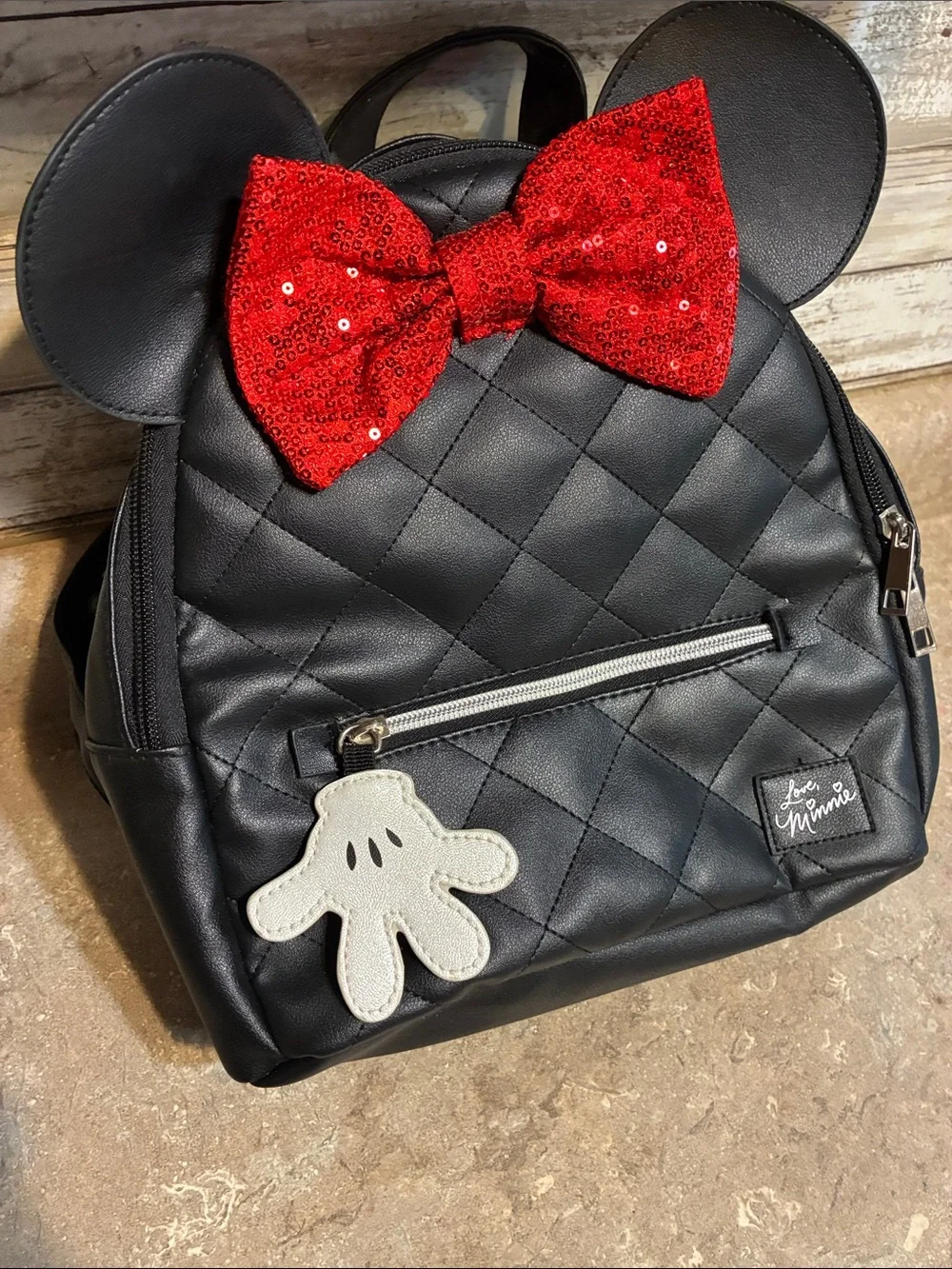 Disney Black Quilted Kids Backpack with Red Sequin Bow